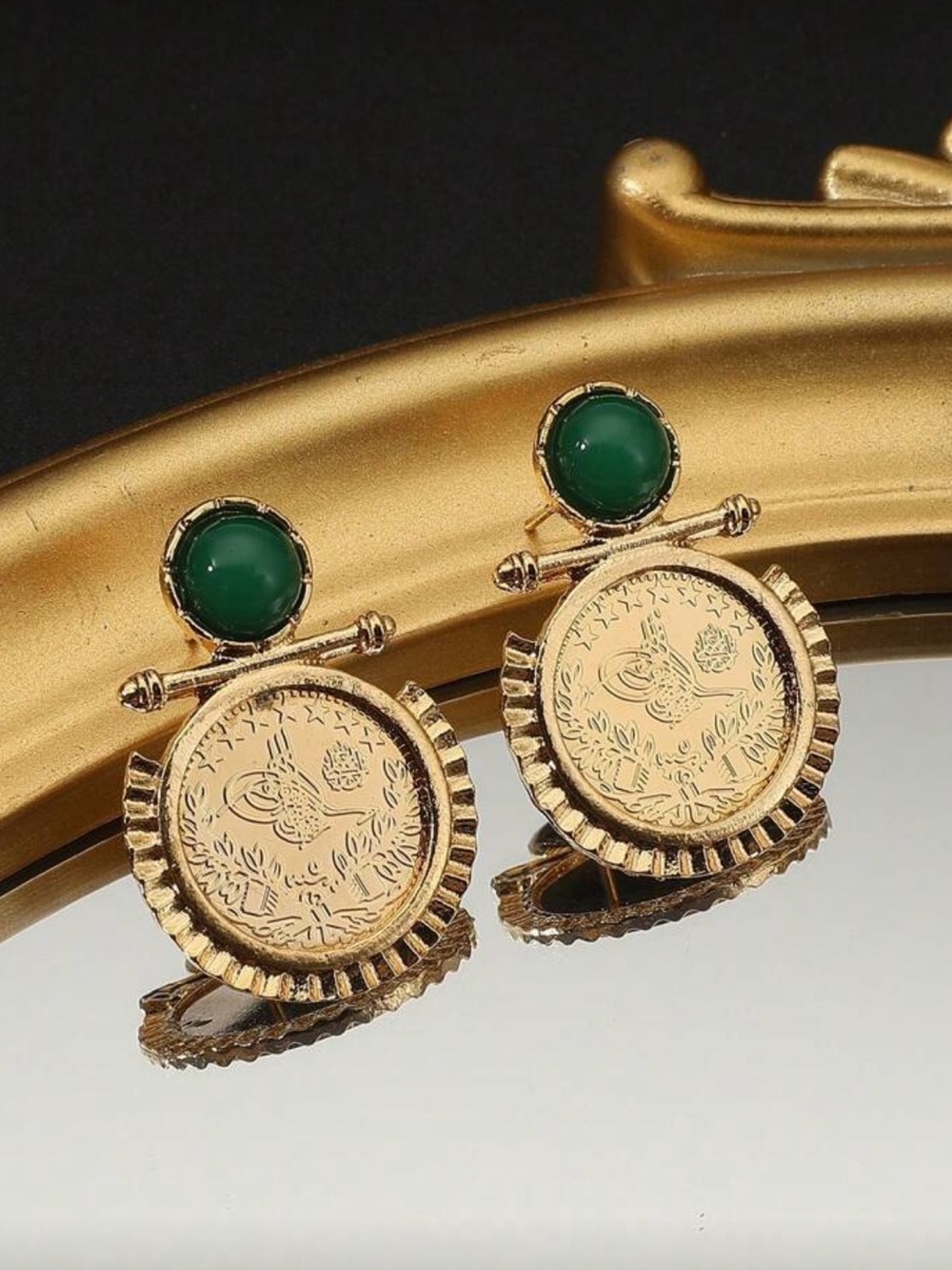 Gold Coin Drop Earrings with Green Cabochon